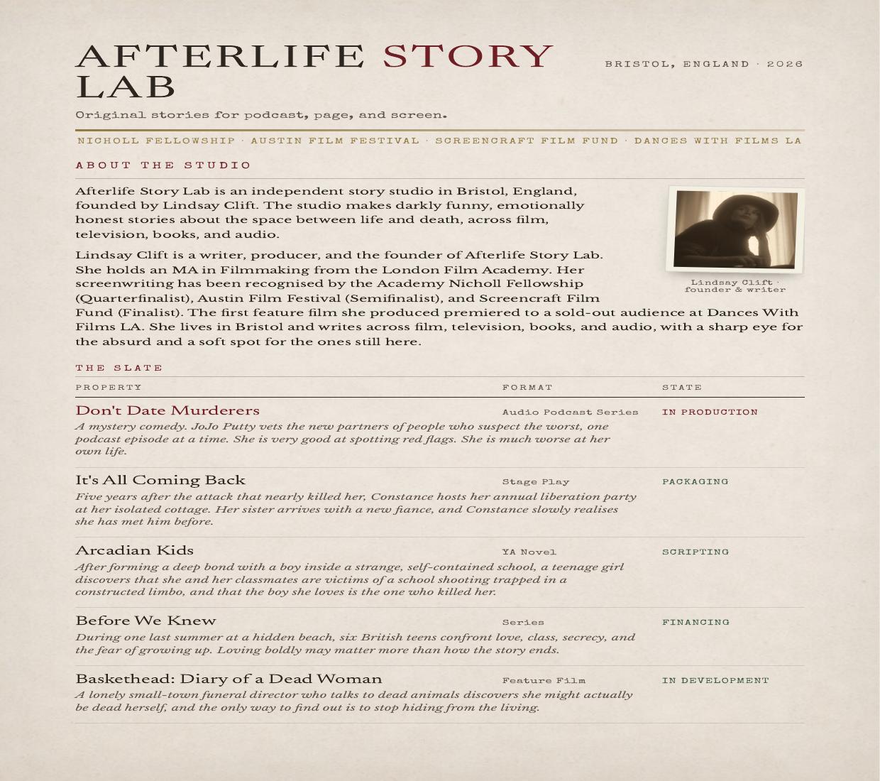 Afterlife Story Lab press kit, first page