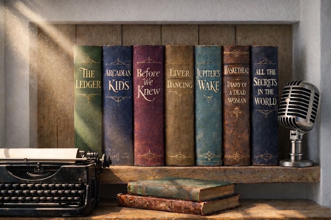 A warm cottage bookshelf displaying books from The Afterlife Story Lab, with a typewriter and vintage microphone