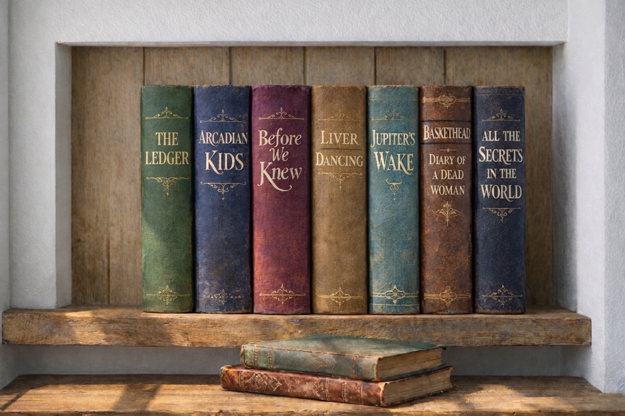 A warm cottage bookshelf with books from After Life Story Lab